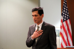 Pimple takes the oath of office during last Tuesday's city council meeting. (Photo by Faviola Leyva)